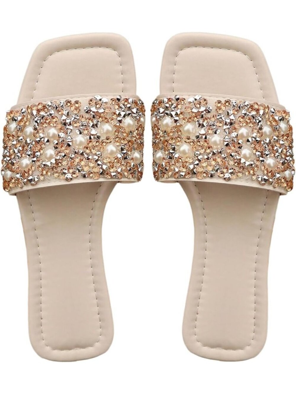 Women's Beige Square Toe Sparkly Rhinestone Jeweled Flat Pearl Boho Summer Shoes